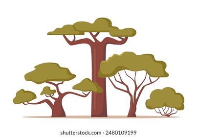 Various shapes of beautiful trees in African nature. African tree set. Vector