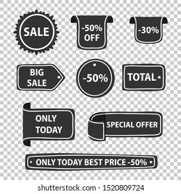 Various shapes of black discount badges. Price tag and label. Isolated on transparent background.