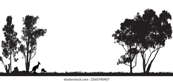 Various shapes of black silhouettes of Australian gum trees against a white background.