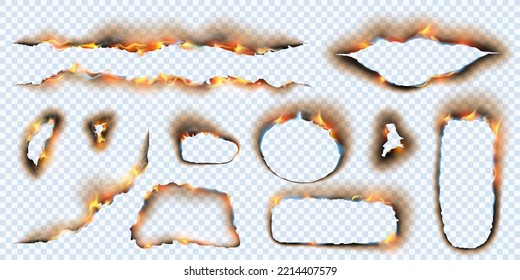 Various shapes of burned and torn paper with flame effects on transparent background. Use these elements for creative compositions in digital design.