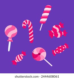 Various shapes of candy and lollipops in pink