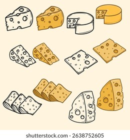 various shapes of cheese in hand drawn, clip art in flat style, food concept illustration