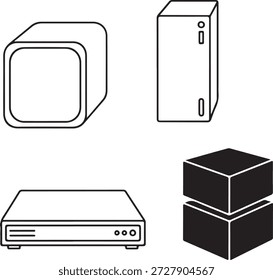 Various shapes of electronic enclosures including rounded square vertical tower flat horizontal receiver style and stacked cube objects for system component representation
