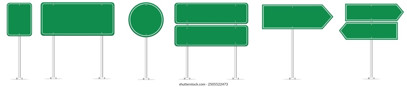 Various shapes of empty green road signs.
