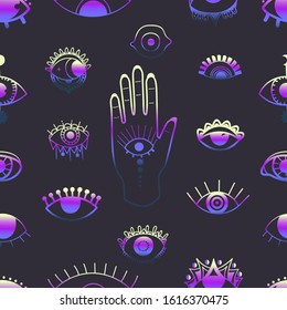 Various shapes eyes in bright gradient. Pattern seamless. Esoteric sign of alchemy, decorative style, providence of vision. Vector illustration. Eps 10.