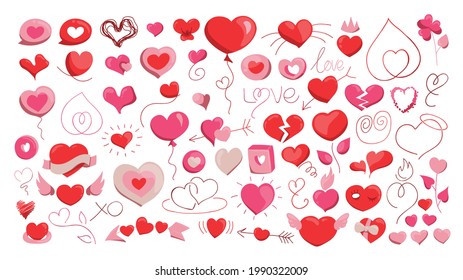 Various shapes and forms of heart shapes, vector illustrations set, collection of hand drawn clip art drawings and elements. Colorful with basic lights and shadows.