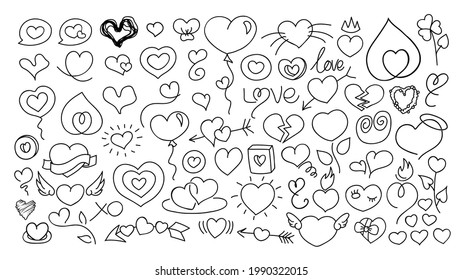 Various shapes and forms of heart shapes, vector illustrations set, collection of hand drawn clip art drawings and elements. black outline on a white background.