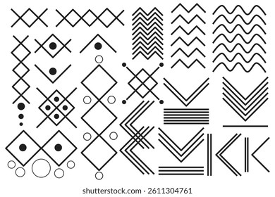 Various Shapes Lines Icon Set. Zig Zag, Diamond, Circle, Blunt Line, Water Flow, Horizontal, Vertical Lines. For Vector, Sign or Symbol.