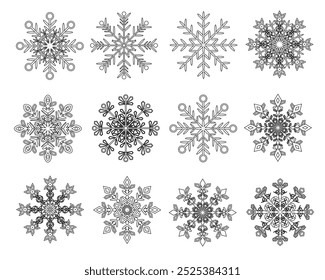 Various shapes and ornaments Black Snowflakes icon set template. Background for home decor, Christmas market, banner, cover, greeting card, web banner, business card. Vector.