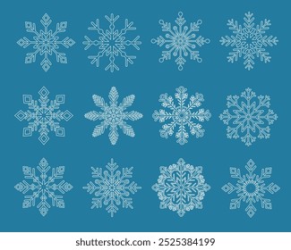 Various shapes and ornaments Snowflakes icon set template. Background for home decor, Christmas market, banner, cover, greeting card, web banner, business card. Vector.