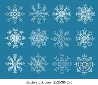 Various shapes and ornaments Snowflakes icon set template. Background for home decor, Christmas market, banner, cover, greeting card, web banner, business card. Vector.