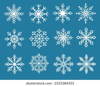 Various shapes and ornaments Snowflakes icon set template. Background for home decor, Christmas market, banner, cover, greeting card, web banner, business card. Vector.