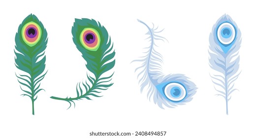 Se han establecido varias formas de plumas de pavo real. Los elementos decorativos de las aves coloridas caen en picado. Ilustraciones aisladas de vectores planos.