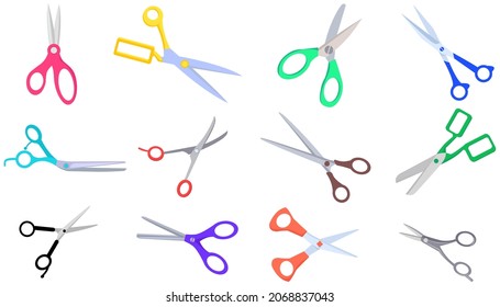 Various shapes scissors set. Tool made of blades and plastic handles. Equipment for creativity, cutting materials. Iron scissors with colorful handles isolated on white. Sharp cutting tool, clippers