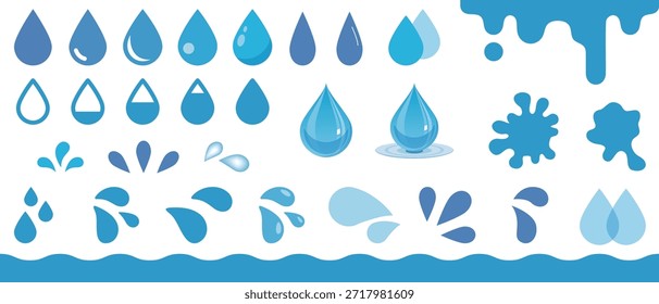 Várias formas de gotas de água e conjunto de ilustração de vetor simples de gota de chuva