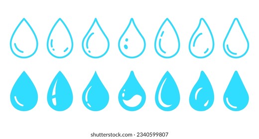 Various shapes of water drops, water and rain simple and flat vector icon illustration material light blue isolated on white background.