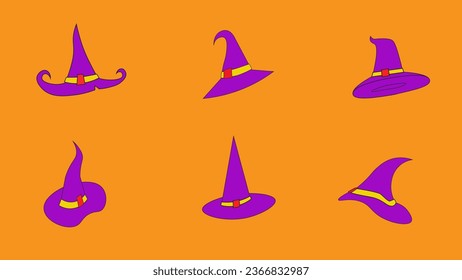 various shapes of witch hats on an orange background