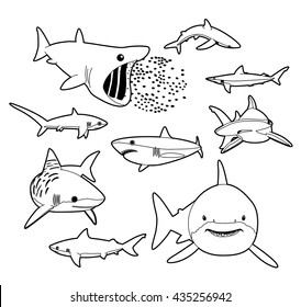 Various Sharks Cartoon Vector Illustration Monochrome