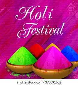 Various shiny dry colours in bowls for Indian Festival, Happy Holi celebration.