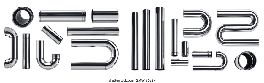Various shiny metal pipes are displayed in a creative arrangement, showcasing different shapes and sizes. This design highlights the versatility and functionality of these industrial components.