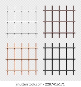 Various shiny metal prison bars collection. Realistic detailed jail cage, prison iron fence. Criminal background mockup. Vector illustration