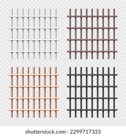 Various shiny metal prison bars collection. Realistic detailed jail cage, prison iron fence. Criminal background mockup. Vector illustration