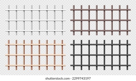 Various shiny metal prison bars collection. Realistic detailed jail cage, prison iron fence. Criminal background mockup. Vector illustration