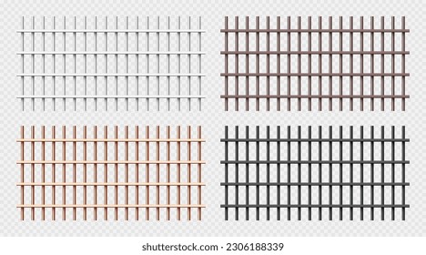 Various shiny metal prison bars collection. Realistic detailed jail cage, prison iron fence. Criminal background mockup. Vector illustration
