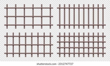 Various shiny metal prison bars collection. Realistic detailed jail cage, prison iron fence. Criminal background mockup. Vector illustration