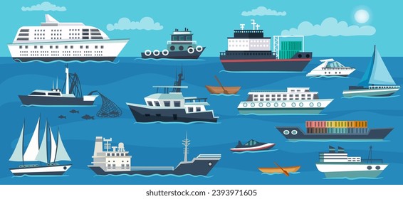 Various ship set, marine transport. Collection of tanker, sailboat, freight, cargo, yacht, fishing boat, cruise liner, speedboat. Shipping vessel, nautical voyage and resort. Vector illustration