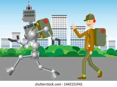 Various shipping options. The concept of courier service. Delivery package by robot or man. Vector illustration
