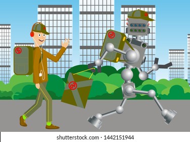 Varias opciones de envío. El concepto de servicio de mensajería. Paquete de entrega por robot o hombre. Ilustración del vector