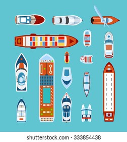 Various ships and boats types on water view from above with cruise liner abstract vector illustration 