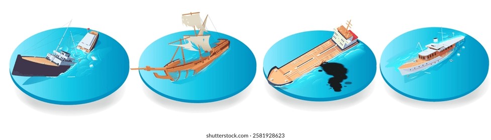 Various ships in different situations on blue circular platforms. Vector illustration