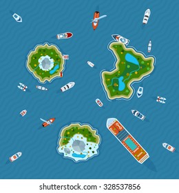 Various ships and motorboats around three islands in the ocean view  from above abstract vector illustration 