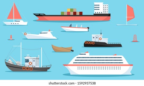 Various Ships. Set of sea ships on a background of blue sea. Barge, liner, ship, yacht. Vector illustration, vector.