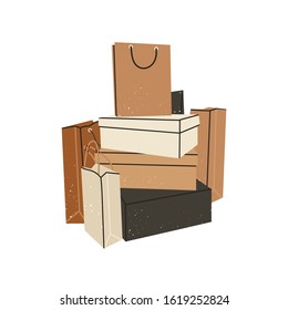 Various shoe boxes with craft paper Shopping or gift bags. Sacks for purchases, presents. Hand drawn vector illustration. Shopping, sale concept