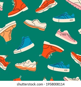 Various Shoes. Boots, sport shoes, sneakers, hiking footwear and other shoes for training. Men's and women's footwear. Hand drawn Vector seamless Pattern. Green background, wallpaper or wrapping