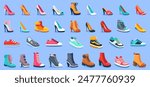 Various shoes in different styles and colors displayed in rows on a blue background. Concept of fashion shoes. Vector illustration