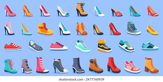 Various shoes in different styles and colors displayed in rows on a blue background. Concept of fashion shoes. Vector illustration