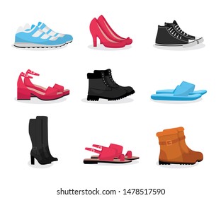 Various shoes flat vector illustrations set. Footwear sale business, fashion industry. Clothing shop showcase. Seasonal sportive and elegant apparel. Sneakers, gumshoes, sandals, flip flops and boots