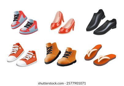 Various Shoes icons collection 3D illustration. Boots, sport shoes, sneaker, hiking footwear and other shoes for training 3D. Men's and women's footwear. 3D Vector illustration. All elements isolated