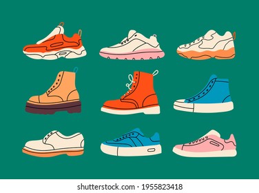 Various Shoes icons collection. Boots, sport shoes, sneaker, hiking footwear and other shoes for training. Men's and women's footwear. Hand drawn Vector illustration. All elements are isolated