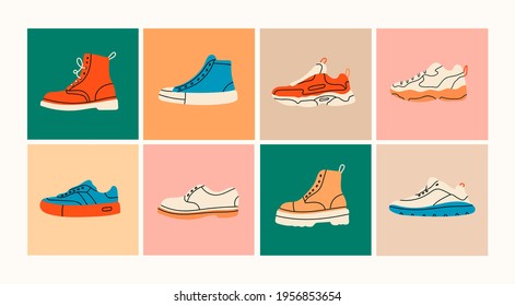 Various Shoes icons collection. Boots, sport shoes, sneakers, hiking footwear and other shoes for training. Men's and women's footwear. Hand drawn Vector illustration. All elements are isolated