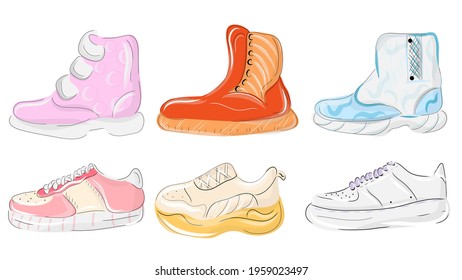 Various Shoes icons collection. Boots, sport shoes, sneaker, hiking footwear and other shoes for training. Vector fashion sport