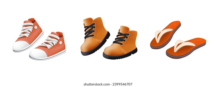 Various Shoes icons collection. Boots, sport shoes, sneaker, hiking footwear and other shoes for training 3D. Men's and women's footwear. 3D Vector illustration. All elements are isolated