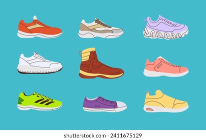 Various Shoes icons collection. Boots, sport shoes, sneaker, hiking footwear and other shoes for training. Men's and women's footwear. Hand drawn Vector illustration. All elements are isolated