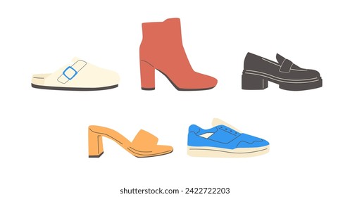 Various Shoes icons collection. Boots, sport shoes, sneaker, hiking footwear and other shoes for training. Men's and women's footwear. Hand drawn Vector illustration. All elements are isolated