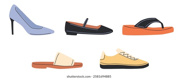 Various Shoes icons collection. Boots, sport shoes, sneaker, hiking footwear and other shoes for training. Men's and women's footwear. Hand drawn Vector illustration. All elements are isolated