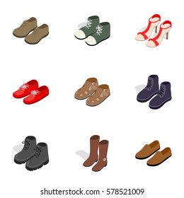 Various shoes icons set. Isometric 3d illustration of 9 various shoes vector icons for web